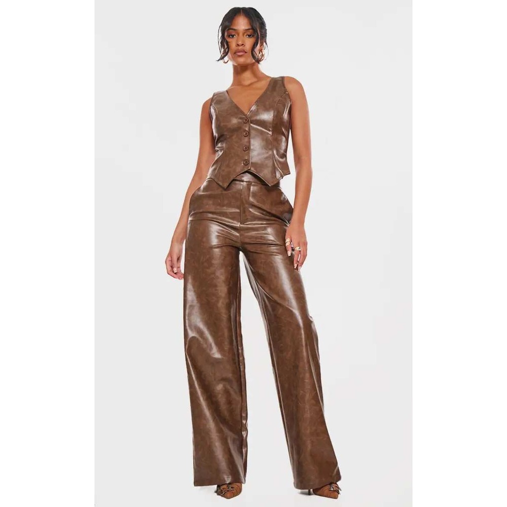 Pretty Little Things Brown Faux Leather Wide Leg High Waisted Pants Size 12 Tall